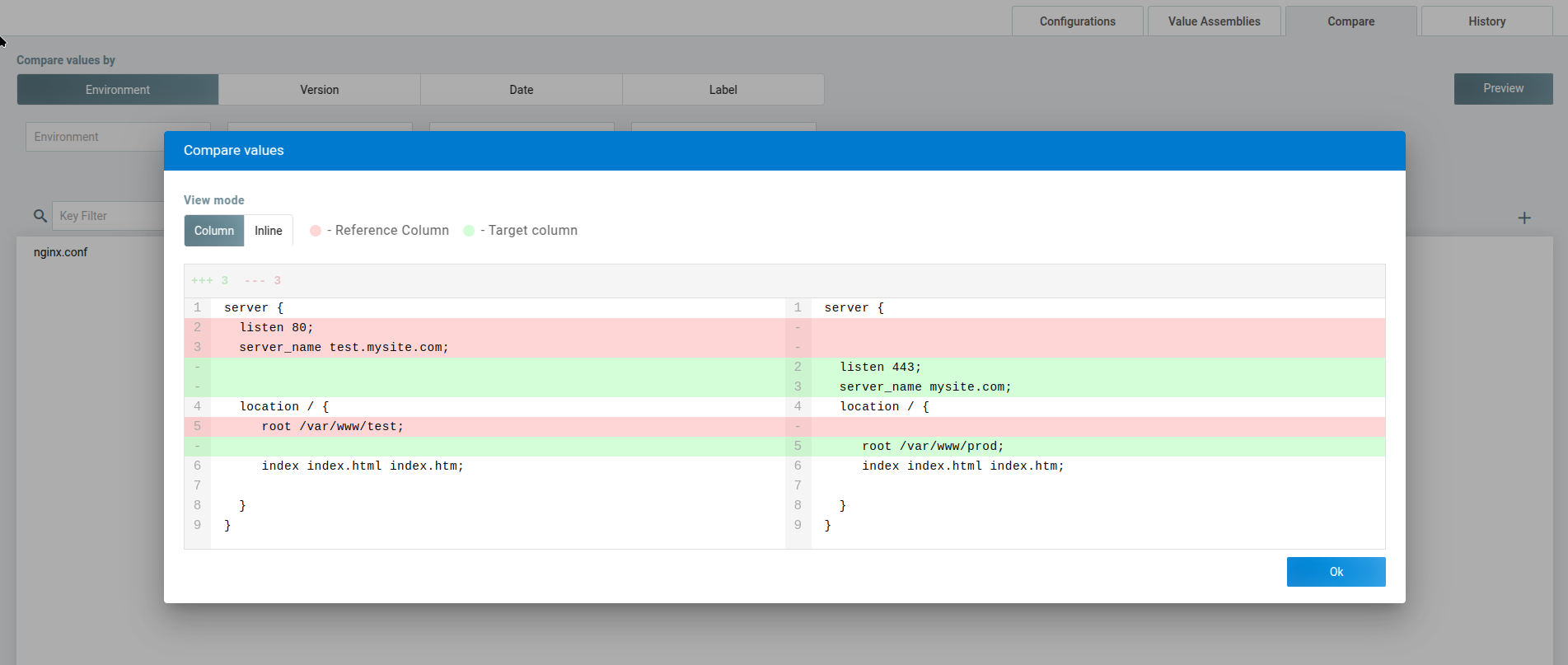ConfigSeeder 2.27 - Diff View / Default Environment - ConfigSeeder